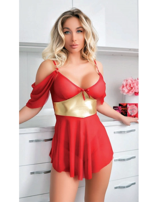 Sarı Kuşak Detaylı Fantezi Kırmızı Gecelik