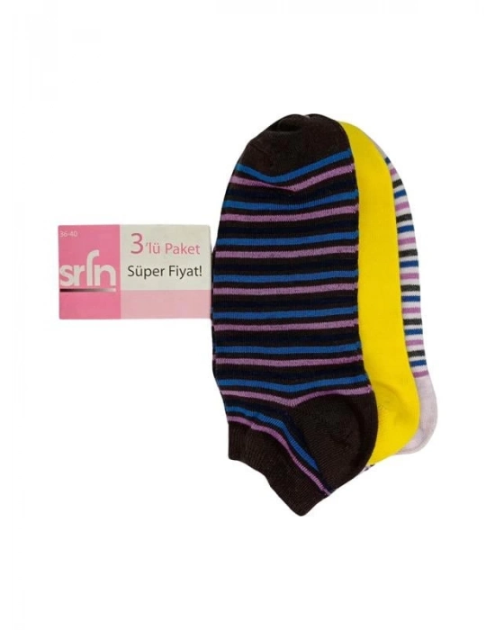 Srfn Kadın Patik Çorap 3 Lü  Çizgili  Desen
