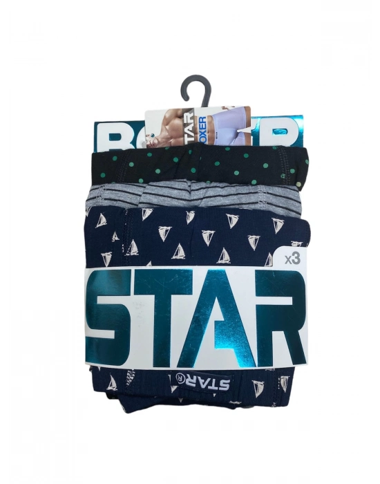 Star 106 Desenli Pamuklu Kemer Likralı 3lü Boxer