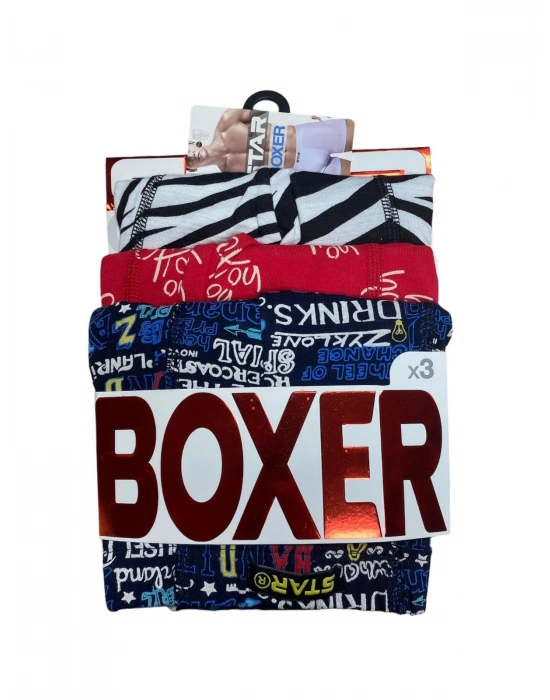 Star 106 Desenli Pamuklu Kemer Likralı 3lü Boxer