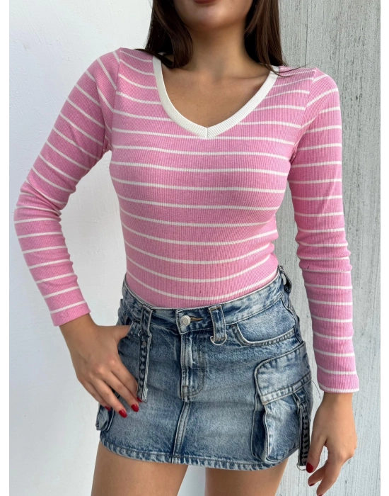 V Yaka Çizgili Bluz Pembe A3699