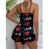 Aşk Temalı Kalp Desenli Siyah Saten Şortlu Gecelik Takım