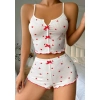 Beyaz Fiyonk Desenli Kalpli Askılı Şortlu Pijama Takım