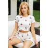 Beyaz Üstüne Kiraz Desenli Şortlu Pijama Takımı