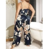 Büyük Beden Mavi Üstüne Çiçek Desenli İnce Askılı 2li Saten Pijama Takımı
