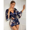 Çiçek Desenli Mavi Mini Saten Gecelik Sabahlık