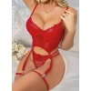 Dantel Transparan Kırmızı Badysuit 4lü Takım 7003