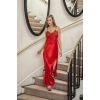 Dantelli Uzun Yırbrfaçlı Saten Gecelik Elbise String Takım Kırmızı (brf31512)