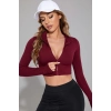 Kadın Bordo Uzun Kol Fermuarlı Parmak Geçme Detaylı Dik Yaka Crop Top Bluz
