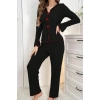 Kadın Siyah Kırmızı Biyeli Ve Fiyonklu Uzun Kollu Mevsimlik Pijama Takımı