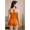 Kadın Turuncu Kalp Desenli Askılı Şortlu Dantelli Pijama Takımı