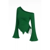 Kadın Yeşil Uzun İspanyol Kollu Asimetirik Yaka Yandan Bağlamalı Drapeli Bluz