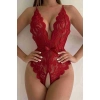 Kırmızı Özel Bölgesi Açık Fiyonklu Dantel Fantezi Body