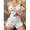 Kısa Şortlu Askılı Kalp Desenli Dantel Detaylı Pijama Takımı, Rahat Ve Şık Ev Giyim,kadın Pijama