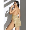 Özel Tasarım Gold Derin Yırtmaçlı Işıltılı Sırt Dekolteli Degajeli Fantezi Mini Club Elbisesi