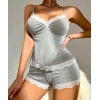 Pamuklu Dantel İşlemeli Gri Askılı Şortlu Pijama Takımı
