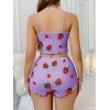 Pamuklu Lila Üstüne Çilek Desen Fitilli Askılı Şortlu Pijama Takımı
