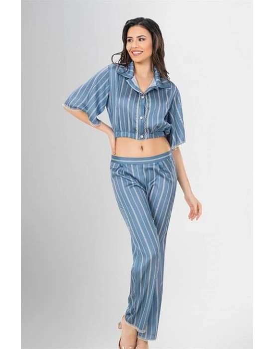 2li Desenli Saten Pijama Takımı