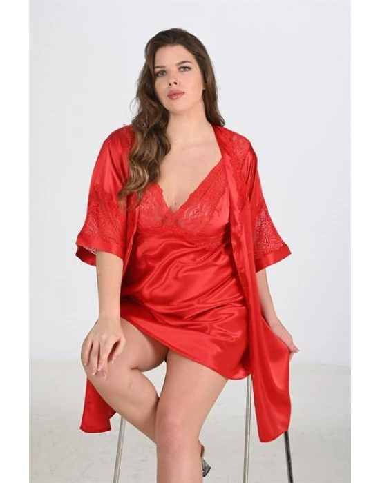 2li Kırmızı Sabahlık Takımı Bigsize 6207