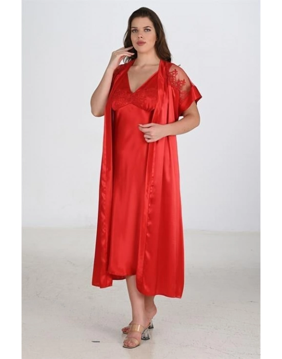2li Kırmızı Sabahlık Takımı Bigsize 6226