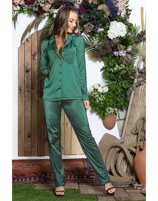 3 Parça Gecelik Seti ; Gömlek, Bralet Sütyen Ve Pantolon Takım Zümrüt (brf31726)
