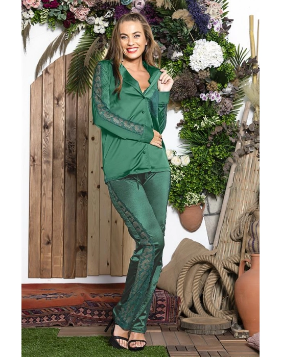 3 Parça Gecelik Seti ; Gömlek, Bralet Sütyen Ve Pantolon Takım Zümrüt (brf31726)