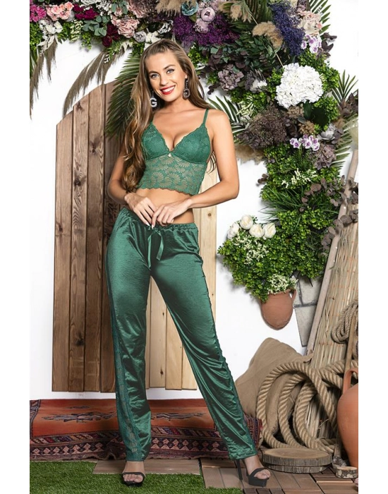 3 Parça Gecelik Seti ; Gömlek, Bralet Sütyen Ve Pantolon Takım Zümrüt (brf31726)