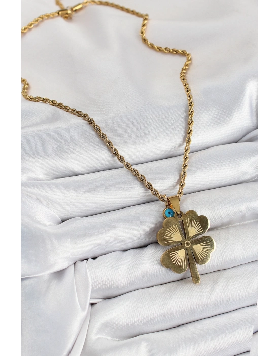 316l Çelik Burgu Zincirli Nazar Detaylı Yonca Model Gold Renk Kadın Kolye - Bamido