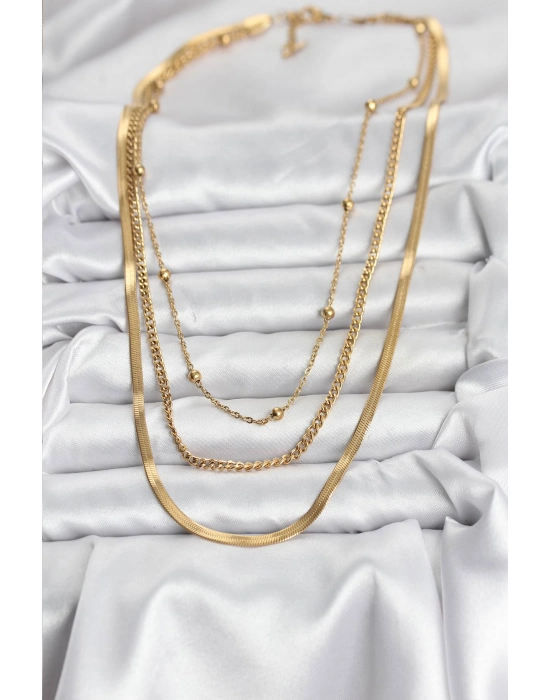 316l Çelik Gold Renk 3lü Kadın Kolye - Bamido
