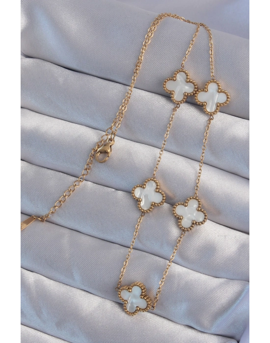 316l Çelik Gold Renk Beyaz Sedefli Yonca Kolye - Bamido