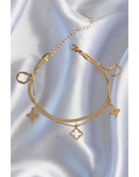 316l Çelik Gold Renk Çift Zincir Yonca Tasarım Bileklik - Bamido