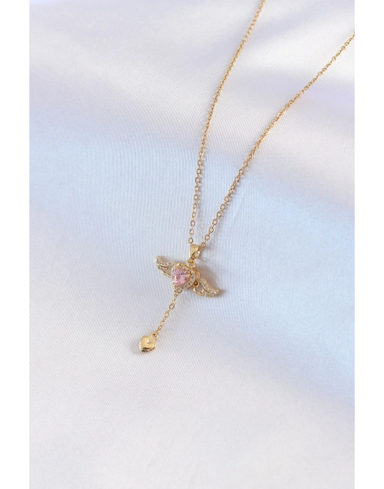 316l Çelik Gold Renk Kanatlı Kalp Model Zirkon Taş Detay Kadın Kolye - Bamido