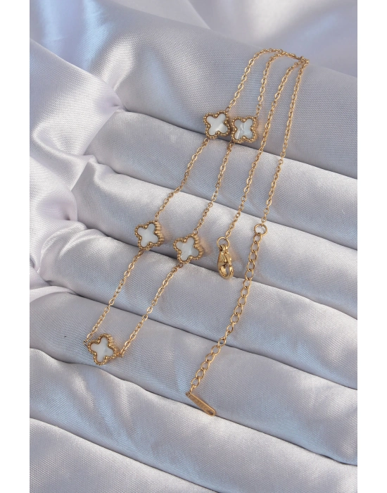 316l Çelik Gold Renk Minimal Beyaz Sedefli Yonca Kolye - Bamido