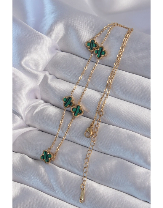 316l Çelik Gold Renk Minimal Yeşil Mineli Yonca Kolye - Bamido