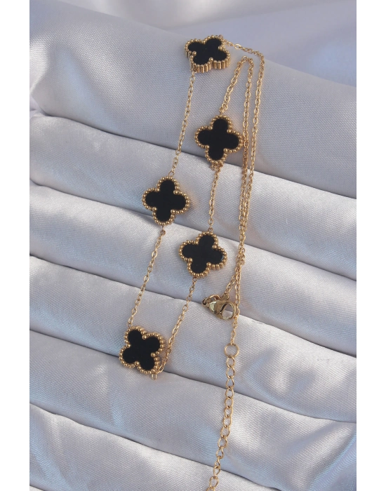 316l Çelik Gold Renk Siyah Mineli Yonca Kolye - Bamido