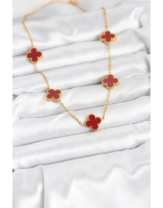 316l Çelik Gold Renk Zincir Bordo Yonca Kadın Kolye - Bamido