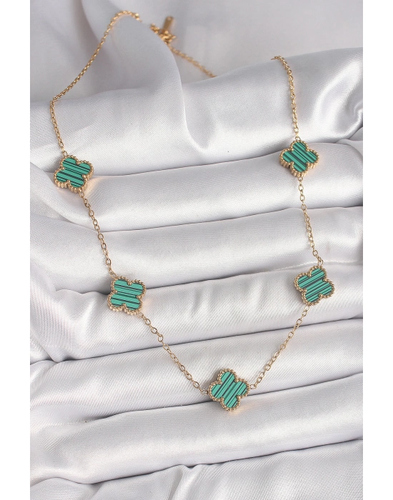 316l Çelik Gold Renk Zincir Yeşil Yonca Model Kadın Kolye - Bamido