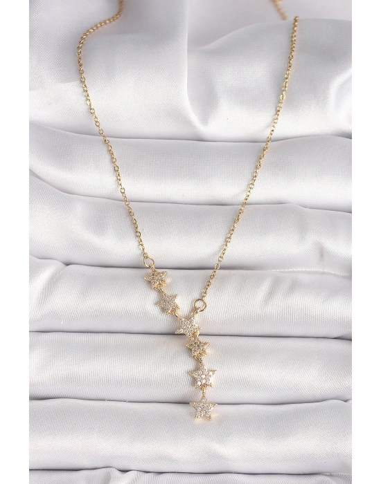 316l Çelik Gold Renk Zincir Zirkon Taşlı Yıldız Model Kadın Kolye - Bamido