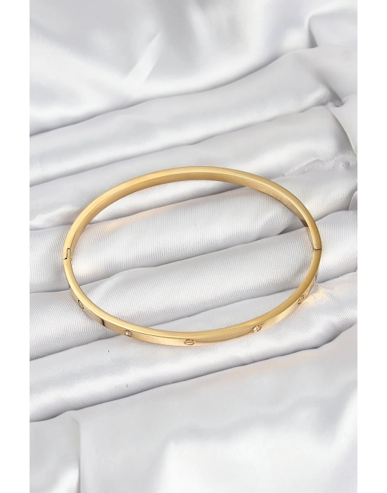 316l Çelik Gold Renk Zirkon Taşlı 65 Mm İnce Kadın Kelepçe Bileklik - Bamido
