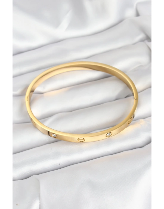 316l Çelik Gold Renk Zirkon Taşlı 65 Mm Kadın Kelepçe Bileklik - Bamido