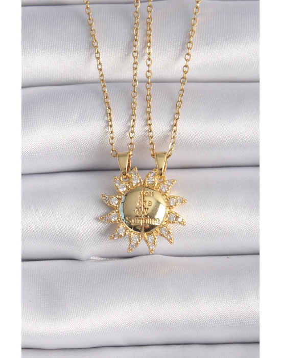 316l Çelik Gold Renk Zirkon Taşlı Güneş Model İşleme Yazı Detay Arkadaş Kolyesi - Bamido