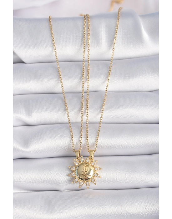 316l Çelik Gold Renk Zirkon Taşlı Güneş Model İşleme Yazı Detay Arkadaş Kolyesi - Bamido