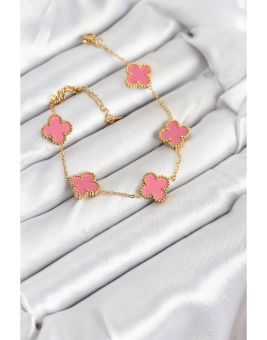 316l Çelik Gold Zincir Pembe Yonca Renk Bileklik - Bamido