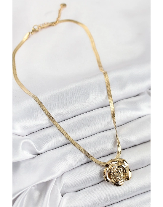 316l Çelik Gül Figürlü İtalyan Zincir Model Gold Renk Kadın Kolye - Bamido