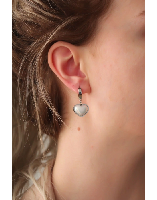 316l Çelik Gümüş Renk Beyaz Bombeli Kalp Küpe - Bamido