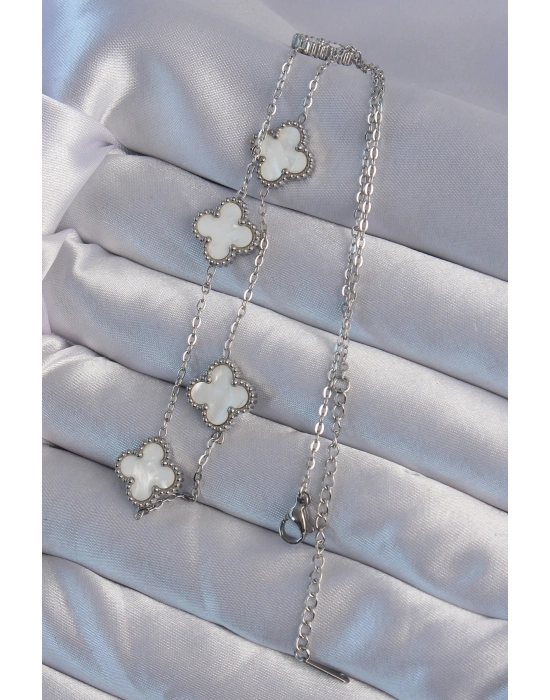 316l Çelik Gümüş Renk Beyaz Sedefli Yonca Kolye - Bamido