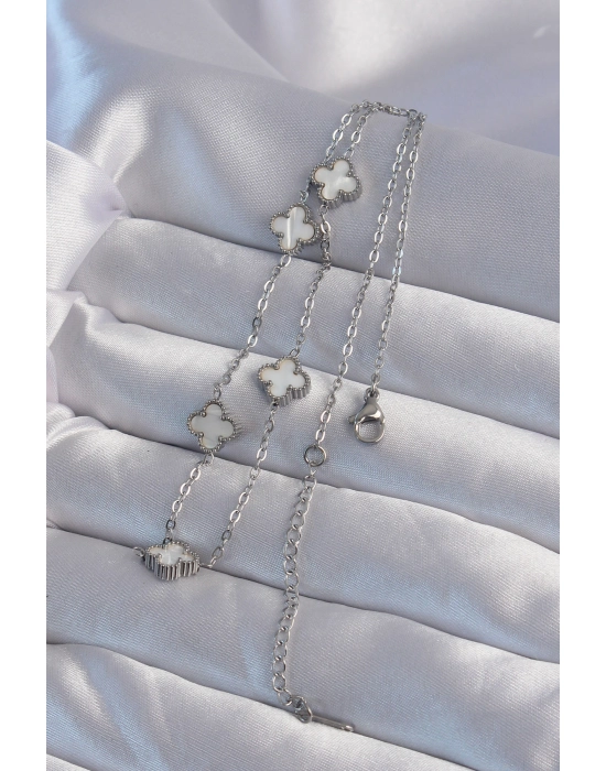 316l Çelik Gümüş Renk Minimal Beyaz Sedefli Yonca Kolye - Bamido