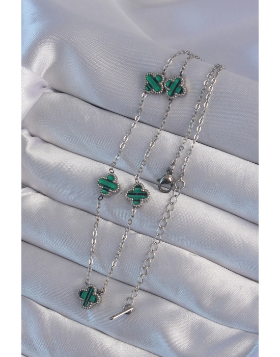 316l Çelik Gümüş Renk Minimal Yeşil Mineli Yonca Kolye - Bamido