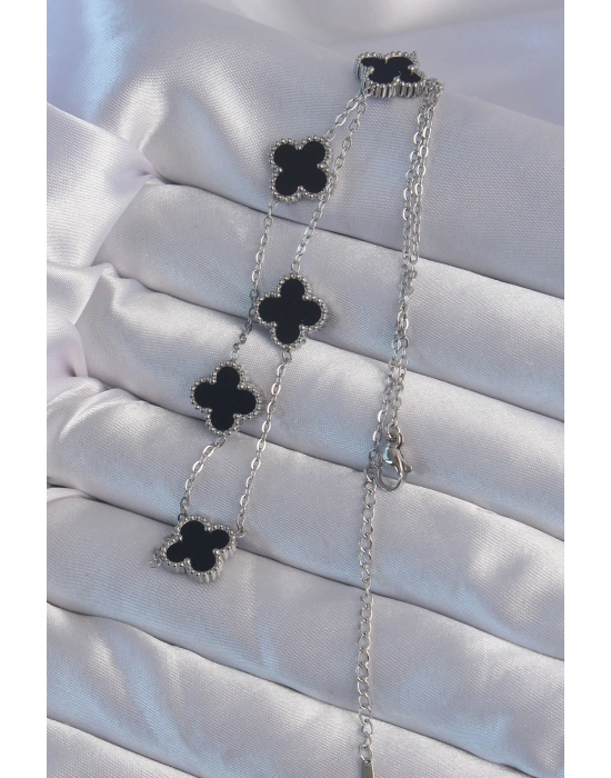 316l Çelik Gümüş Renk Siyah Mineli Yonca Kolye - Bamido