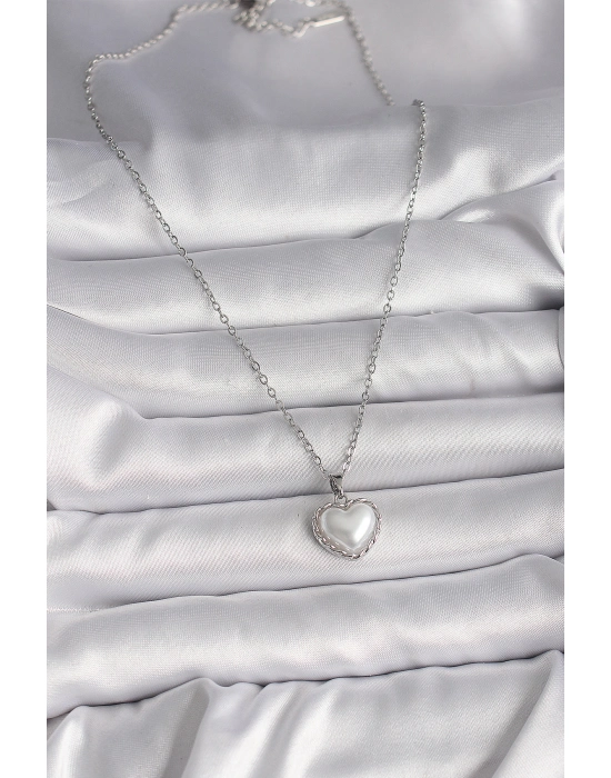 316l Çelik Gümüş Renk Zincir 3d İnci Kalp Model Kadın Kolye - Bamido
